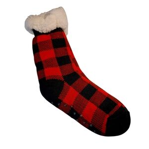 Cozy Red and Black Buffalo Plaid Fleece-Lined Sock Slippers L NWOT